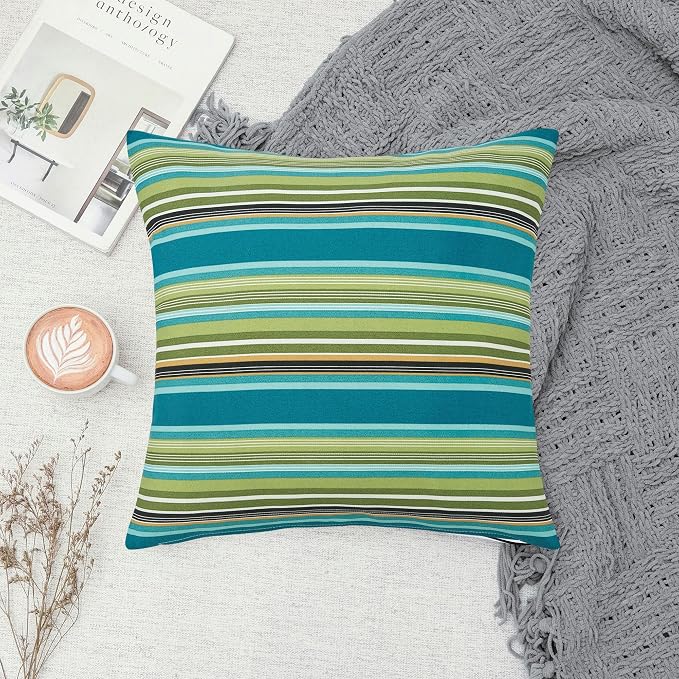 FUNHOME Outdoor Pillow Covers 18x18 Inch Pack of 2, No Insert-Green Stripe | Square Throw Pillow Covers, Water-Repellent, Modern Pillow Cases for Sofa Patio Couch Decoration