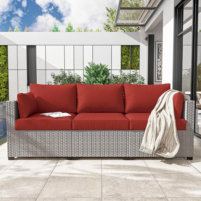 Outdoor Furniture Replacement Cushions, Waterproof Patio Furniture Cushions, 4" Deep Seat Outdoor Sectional Cushion for 3-Seat Outdoors Rattan Sofa Patio Sofa Cushion, Terra Red