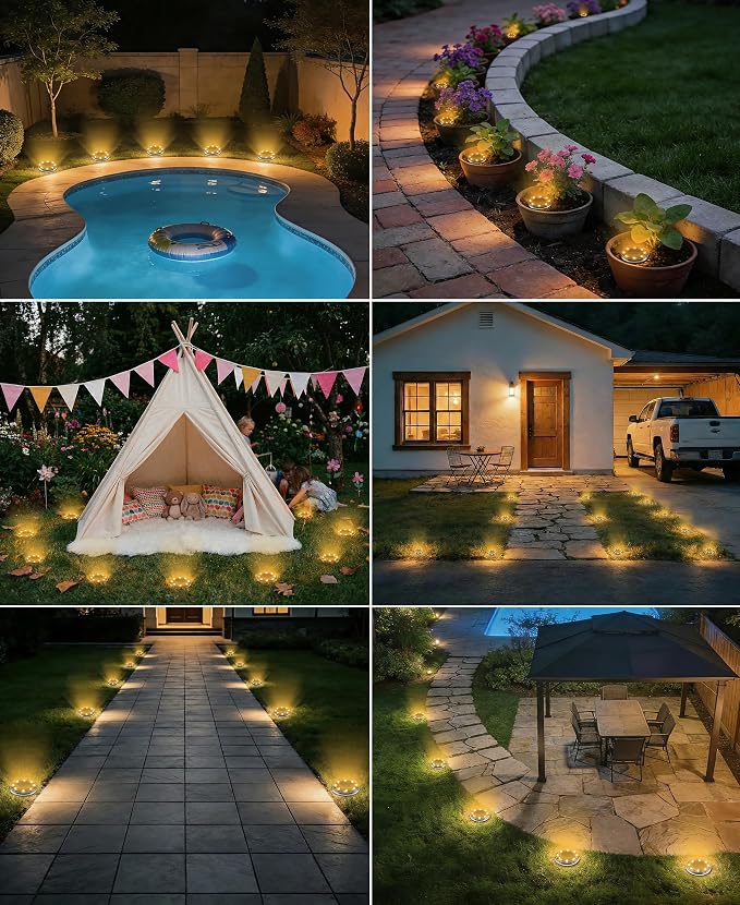 LOTMOS 10 Pack Solar Ground Lights Outdoor, 8 LED Solar Flat Lights IP68 Waterproof Disc Light, Landscape Lighting Solar Powered for Garden Yard Path Driveway Lawn Patio Walkway, Warm White