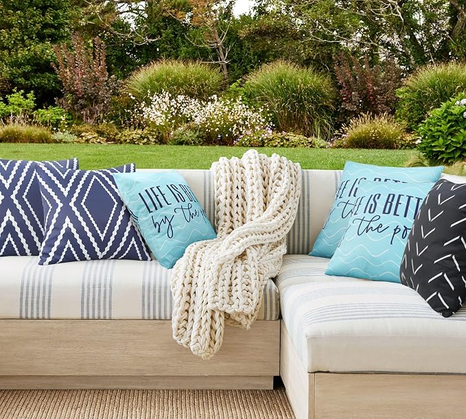 Adabana Outdoor Waterproof Pillow Covers 16x16 Inch, Life is Better | Blue Decor Waterproof Pillow Cover Set of 2 for Patio, Porch, Garden Furniture,Life is Better by The Pool