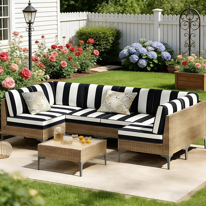 14pc Waterproof Outdoor Couch Cushions for 6 Seat Patio BlackStripe | Water-resistant, UV-resistant,14pc High-Density Foam Replacement Cushions for 6-Seat Outdoor Sectional Furniture