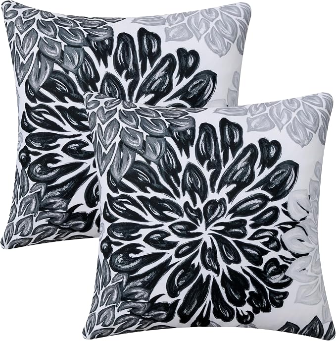 Allorry Outdoor Pillow Covers 18x18 Set of 2 Vintage Black Flower Pattern Decoration Throw Pillow Covers for Summer Fall Outdoor Waterproof Garden Patio Sofa Bedroom Home Decor JB012-E18