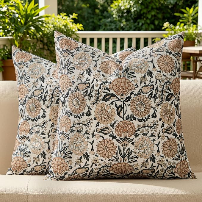 Allorry Outdoor Waterproof Pillow Covers 20x20 Brown Floral Outdoor Decor | Set of 2 Vintage Floral Block Print Pillow Cover,Farmhouse Boho Decorative for Spring Summer Outdoor Sofa Bedroom Decor