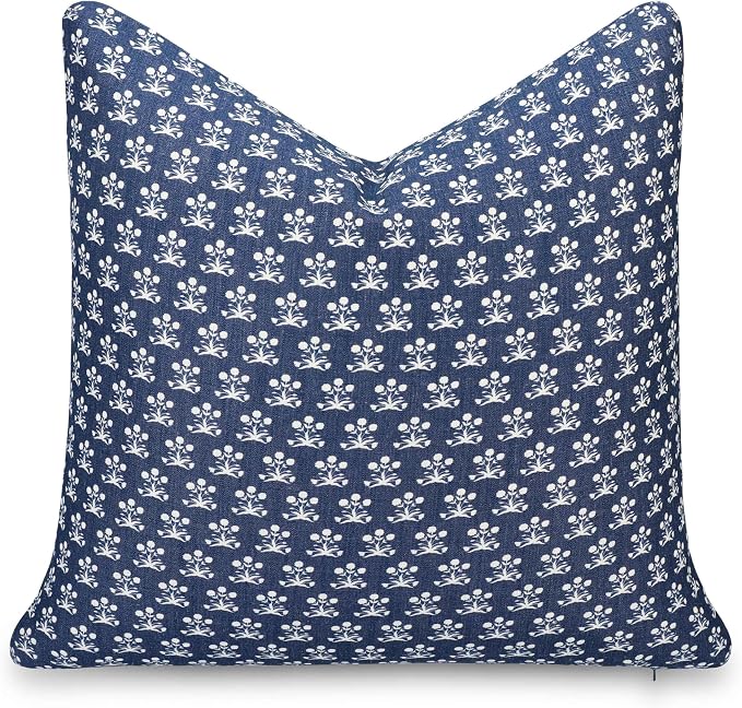 California Casual Coastal Indoor Outdoor Throw Pillow Cover, 22"x22" Water Repellent for Patio, Backyard, Couch, Poolside, Dark Navy Block Print Floral