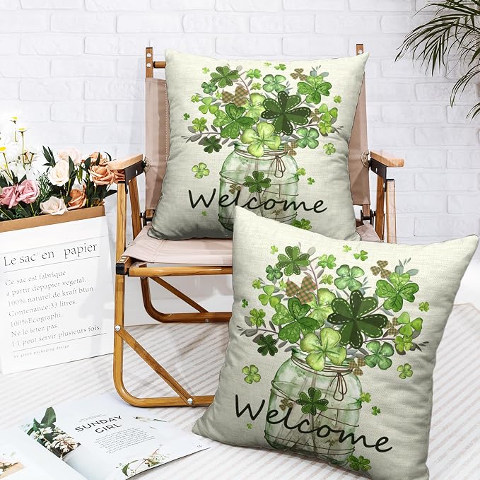 St Patricks Day Pillow Covers 16x16 Set of 2 Shamrock Pillow Case Clover Vase Decorative Pillow Covers Spring Cotton Linen Cushion Case for Living Room Outdoor Bedroom