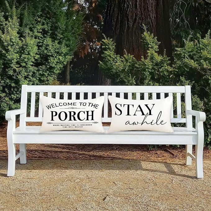 Welcome to Our Porch Stay Awhile Waterproof Outdoor Pillow Covers 12x20 Set of 2 Farmhouse Patio Furniture Decorations for Outside Garden Decor