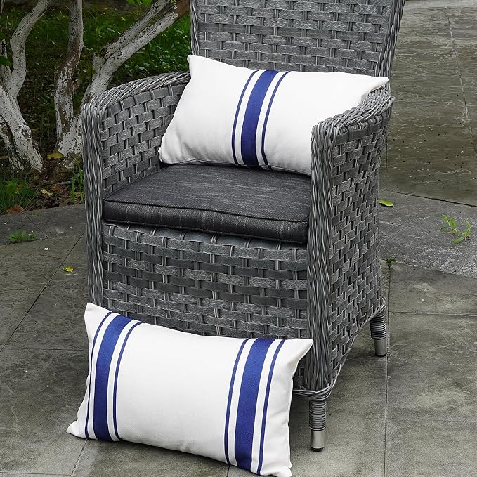 ONWAY Outdoor Pillow Covers Waterproof 12x20 Set of 2 Decorative Linen Throw Pillow Cover Beige and Navy Blue Striped Outdoor Pillows for Patio Furniture