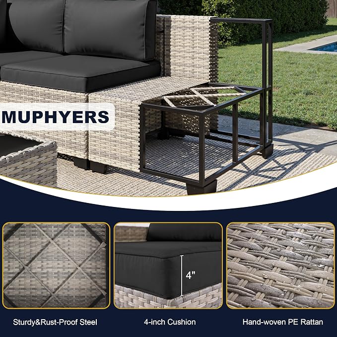 7-Piece Outdoor Patio Furniture Set, PE Wicker Rattan Sectional Sofa Conversation Set with Tempered Glass Table & Thick Cushions - All-Weather Garden, Backyard Furniture, Dark Grey
