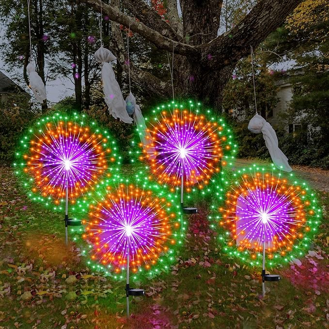 Tujoe Halloween Decoration Outdoor 4 Pack Solar Firework Light with 180 LED Halloween Solar Lights 8 Lighting Modes for Yard Garden Pathway Party Decoration(Green, Orange, Purple)