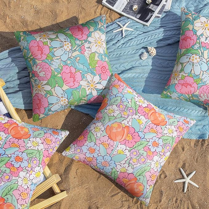JASEN Outdoor Waterproof Throw Pillow Covers 18x18 Inch, Spring Floral Double Sided Decorative Square Covers for Patio Furniture Garden Square Couch & Sofa - Pack of 2 (Floral A)
