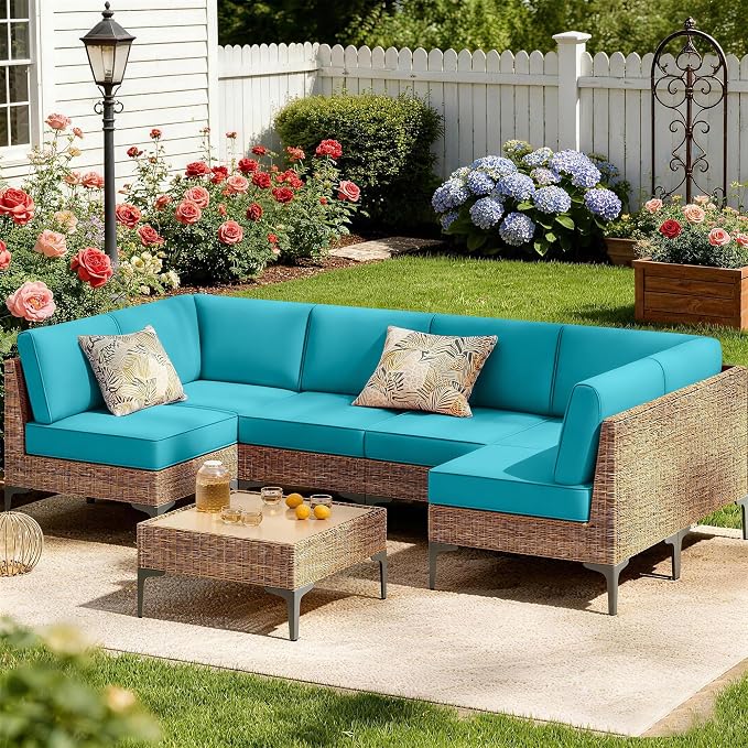 14pc Waterproof Outdoor Couch Cushions for 6 Seat Patio Lake Blue | Water-resistant, UV-resistant,14pc High-Density Foam Replacement Cushions for 6-Seat Outdoor Sectional Furniture