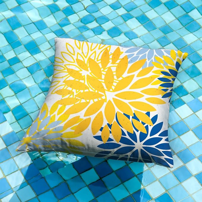 DFXSZ Outdoor Waterproof Pillow Covers 18x18 Set of 2 Yellow Blue Flower | Spring Summer Waterproof Flower Throw Pillowcases（No Inserts）Outdoor Decor for Patio Funiture Garden Polyester Covers