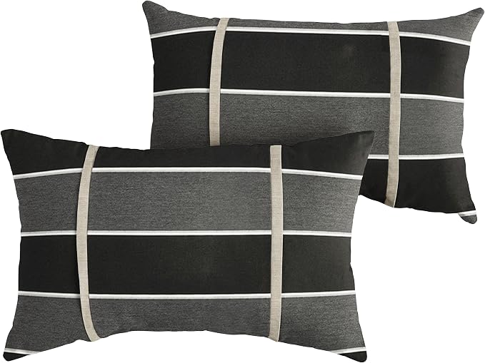 Sorra Home x Sunbrella - Indoor/Outdoor Lumbar Pillows (Set of 2), 12 x 18 in, Black & Grey Stripes