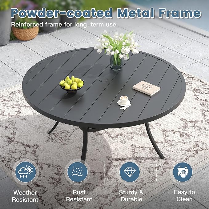 DIFY 9 Piece Outdoor Dining Set, 53" Black Round Metal Patio Table and Dark Grey Textilene Stackable Chairs for 8, All Weather Patio Furniture Set with Umbrella Hole for Backyard Garden Deck