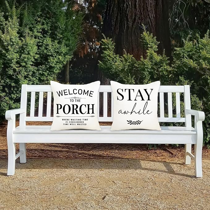 Welcome to Our Porch Stay Awhile Waterproof Outdoor Pillow Covers 18x18 Set of 2 Farmhouse Patio Furniture Decorations for Outside Garden Decor
