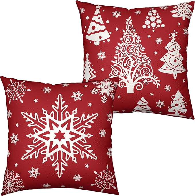 Red Christmas Pillow Covers 16x16 Winter Xmas Tree with Snowflakes Throw Pillow Covers Holiday Cushion Case for Christmas Decorations Living Room Outdoor Set of 2