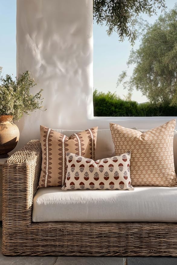 Crumbs Home Modern Farmhouse California Casual Indoor Outdoor Throw Pillow Cover, 20"x20" Water Repellent for Patio, Backyard, Couch, Poolside, Earth Tone Cocoa Brown Tan Print Leaves Stripes