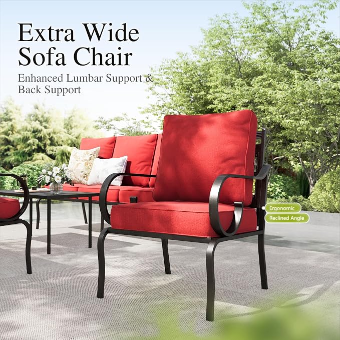 Sophia & William Patio Conversation Set for 5, 3-Seater Sofa, 2 Fixed Chairs and a Coffee Table, Metal Outdoor Furniture with 5.75" Extra Thick Cushions, Red