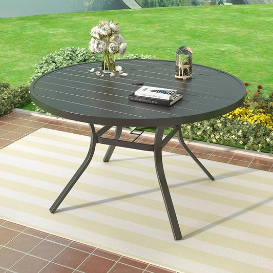Patio Dining Table for 4,Steel Slatted Round Outdoor Table with Adjustable Umbrella Hole,48",Black