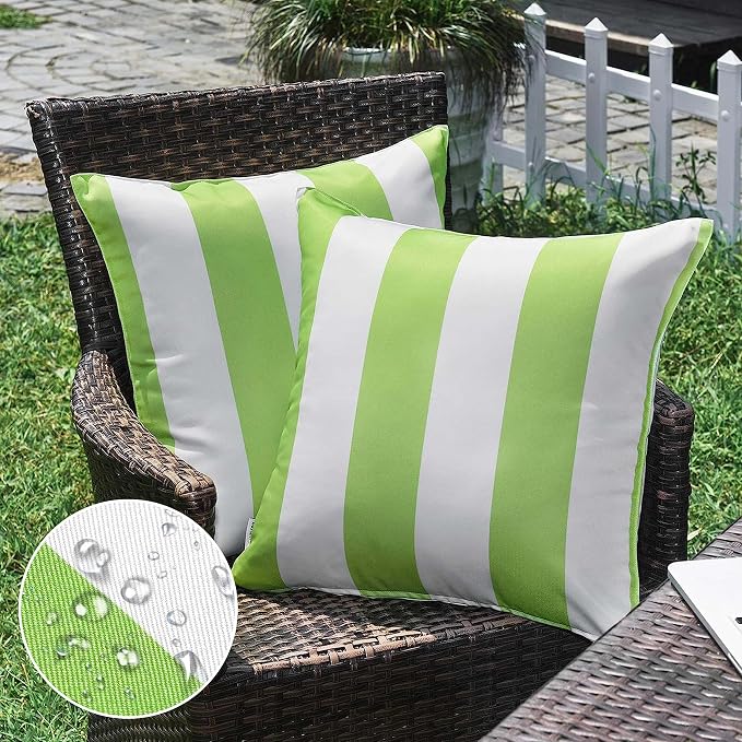Pack of 2 Decorative Outdoor Waterproof Striped Throw Pillow Covers 20x20 | Green, Solid, Polyester Linen Garden Farmhouse Cushion Cases for Couch Sofa Patio Tent Balcony
