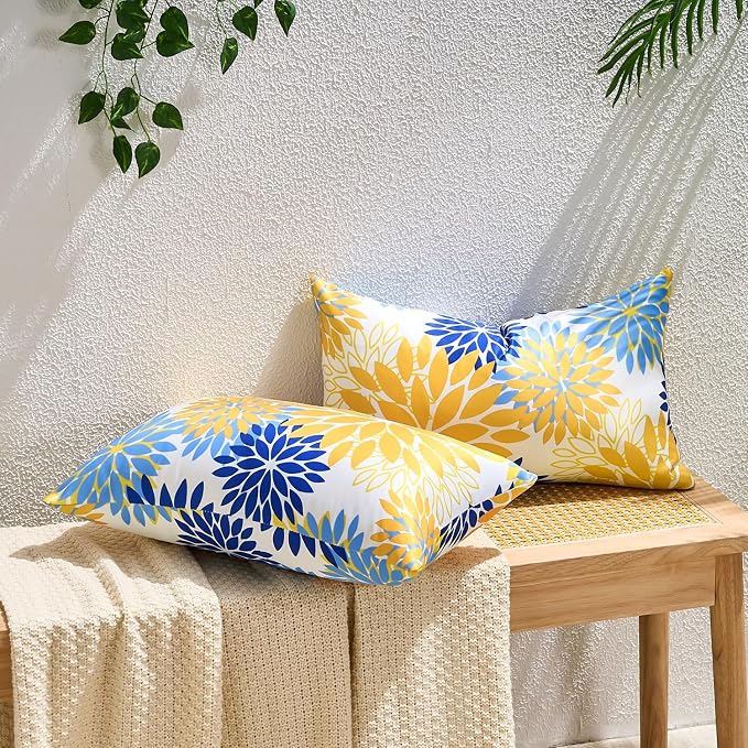 Set of 2 Yellow and Blue Dahlia Throw Pillow Covers 12x20 Inch Outdoor Pillows Waterproof Cushion Covers Decorative Spring Summer Pillowcases for Sofa Bedroom Patio Garden Farmhouse Decor