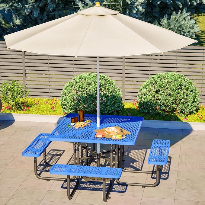 46'' Square Metal Picnic Table with 1.73" Umbrella Hole, Heavy-Duty Commercial Grade Steel Table Set, Rust Resistant Mesh Tabletop, Smooth Round Corner Design for Patio, Garden, Park & BBQ, Blue