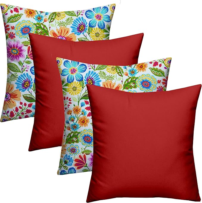 RSH DECOR Set of 4 Square Throw Pillows | Indoor/Outdoor All Weather Polyester Fabric | Decorative Accent Pillows for Patio Furniture | Reversible | 17" x 17" | Gregoire Fresco + Heritage Red