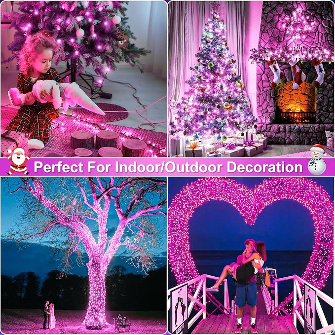 2 Pack Christmas Lights Outdoor, Total 200FT 600 LED Christmas Tree Lights | Pink, Plug in 8 Modes Waterproof String Lights for Outside Indoor Bedroom Home Patio Balcony Xmas Holiday Decorations