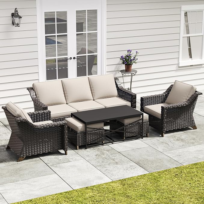 6 Pieces Outdoor Conversation Furniture Set - 77" Patio Sofa, 2 Armchairs, 2 Ottomans, 1 Metal Table, Patio Wicker Couch Set with Washable Cushions for Swimming Pool (Beige)