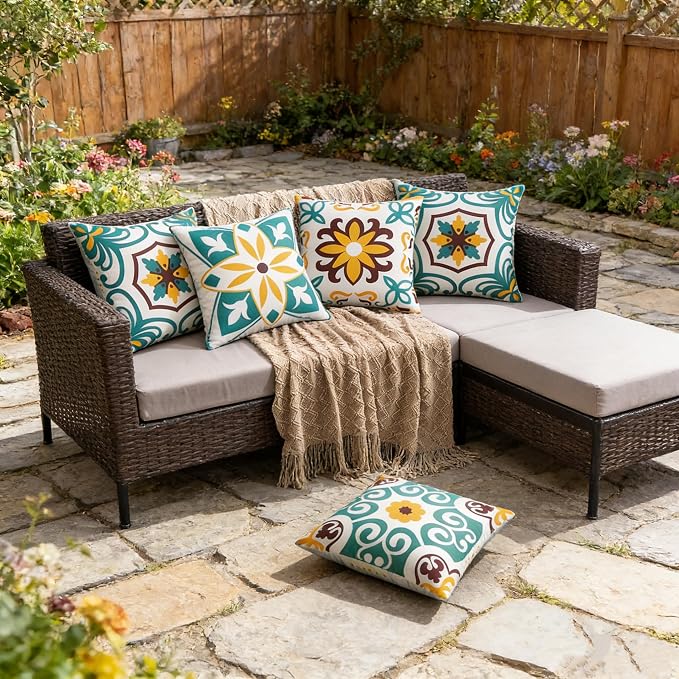 Pyonic Turquoise Outdoor Pillow Covers 18x18 inch Set of 4 | Morocco Vintage Floral Boho Pillow Covers Water Resist Outdoor Pillows for Patio Furniture Garden Yard