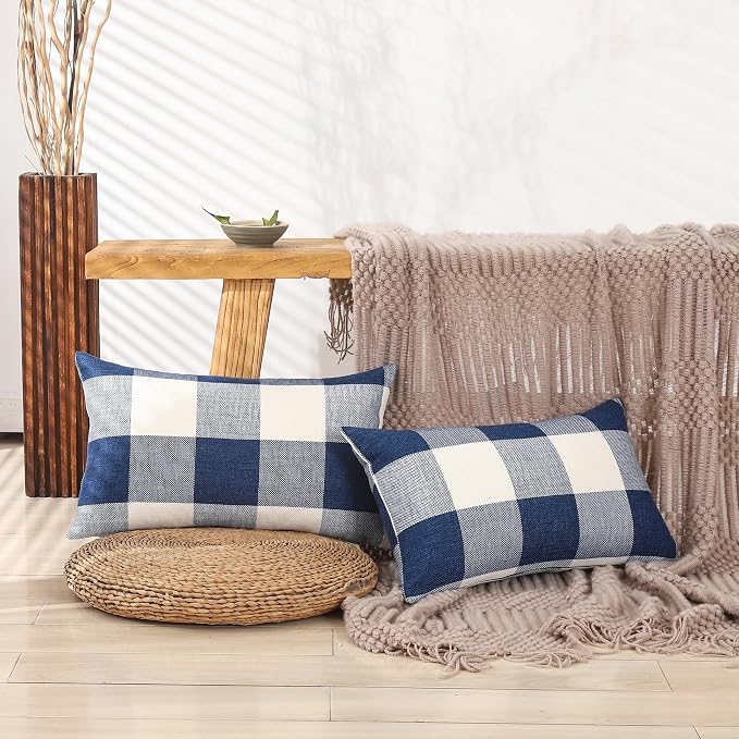 CARRIE HOME Navy Blue Buffalo Plaid Lumbar Pillow Covers 12x20 Set of 2 Blue Checkered Pillow Covers 12 x 20 Outdoor Farmhouse Lumbar Pillow Covers for Front Porch and Patio Furniture