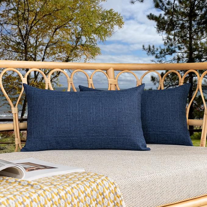 Kevin Textile Outdoor Waterproof 12”x20” Lumbar Pillow Covers 2 Pack, Blue | Water Resistant, Soft Faux Linen-cotton Yarn-dyed Woven Texture Throw Pillow Covers for Tent Patio Garden Couch Sofa