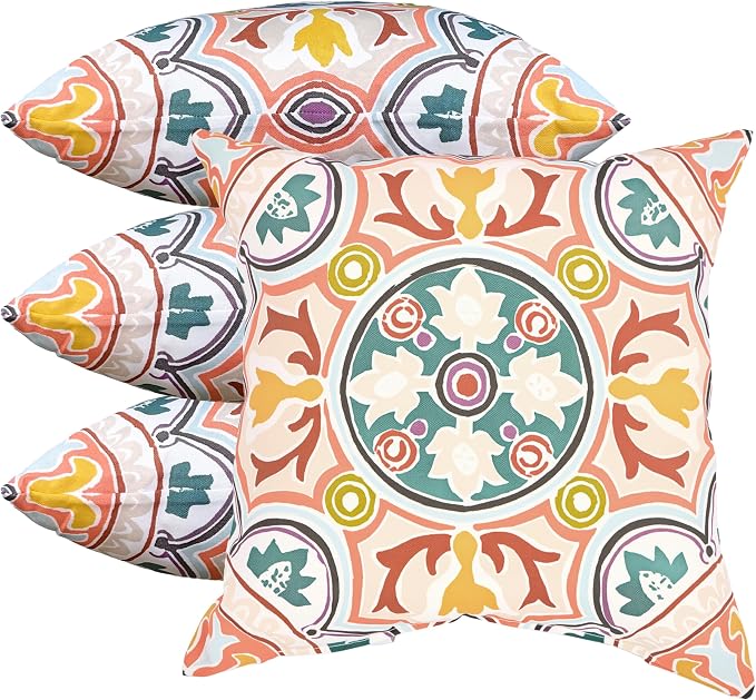 18" Outdoor Throw Pillows Set of 4, Waterproof & Fade Resistant Patio Furniture Pillows with Built-in Inserts, All-in-One Orange Boho Design for Sofa, Patio or Backyard Relaxation