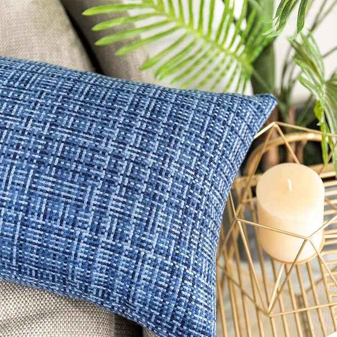 Kevin Textile Outdoor Waterproof 12"x24" Pillow Covers 2 Pack, Navy Blue | Water Resistant, Faux Linen Yarn-dyed, Woven Texture Throw Pillow Covers for Tent Patio Garden Couch Sofa