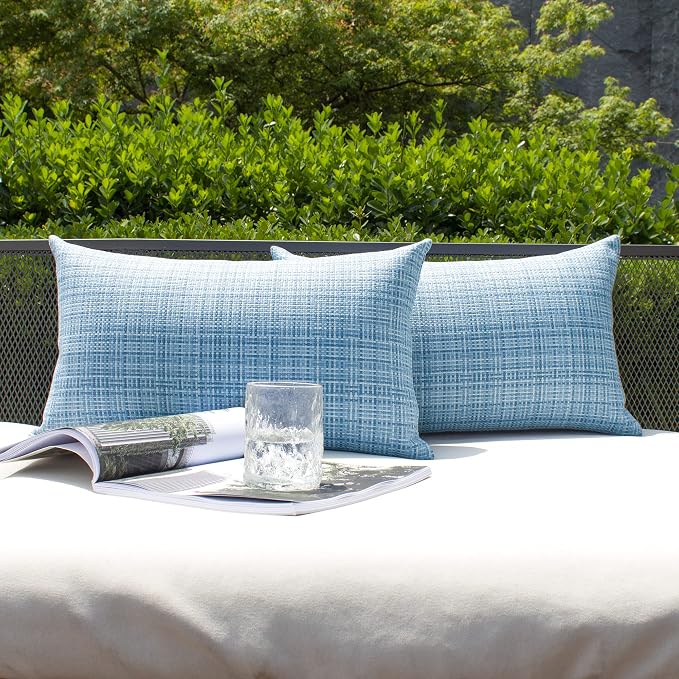 Kevin Textile Outdoor Waterproof 12"x20" Pillow Covers 2 Pack, Light Blue | Water Resistant, Faux Linen Yarn-dyed, Woven Texture Throw Pillow Covers for Tent Patio Garden Couch Sofa