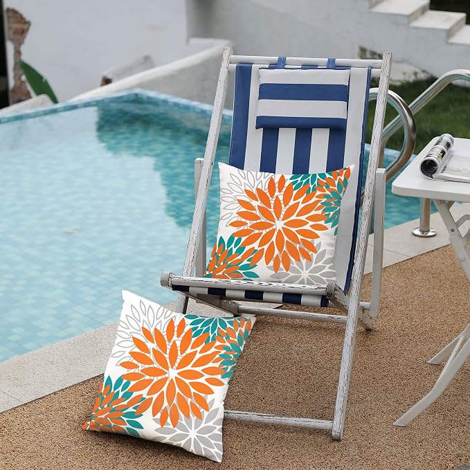 DFXSZ Outdoor Waterproof Pillow Covers 20x20 Set of 2 Orange Grey Flower | Spring Summer Waterproof Flower Throw Pillowcases（No Inserts）Outdoor Decor for Fall Patio Funiture Garden Polyester Covers