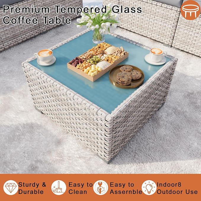 6-Piece Outdoor Patio Furniture Set, Rattan Wicker Conversation Set with Wide Armrests, Outdoor Modular Sectional Couch Seating Group Sofa for Deck Garden Porch (Gray Cushions)