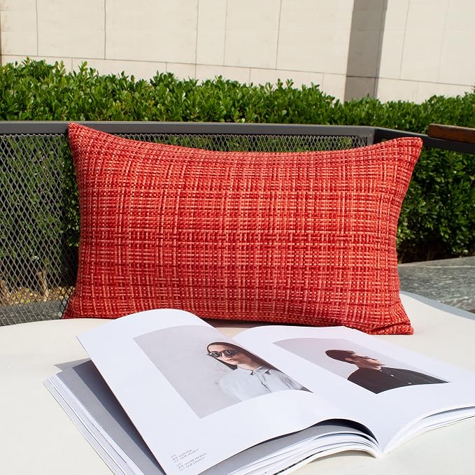 Kevin Textile Outdoor Waterproof 14"x24" Lumbar Pillow Covers 2 Pack, Red | Water Resistant, Faux Linen Yarn-dyed, Woven Texture Throw Pillow Covers for Tent Patio Garden Couch Sofa
