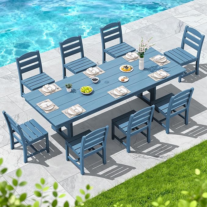 SERWALL Outdoor Armless Dining Chairs Set of 2, All-Weather HDPE Patio Chair with 19.7" Widened Seat, for Backyard, Garden, Blue