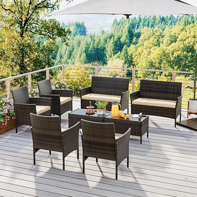 HAPPYGRILL 8 Pieces Outdoor Rattan Conversation Set, Patio Wicker Furniture Set with Loveseat Chairs & Tempered Glass Coffee Table, Outside Sectional Sofa Set for Backyard, Garden & Poolside