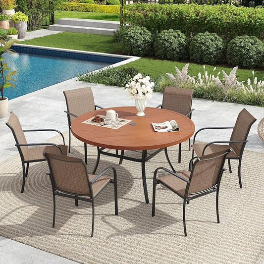7 Pieces Patio Dining Set, 50" Round Dining Table with Umbrella Hole, 6 Stackable Textilene Fabric Chairs, Metal Structure for Patio, Porch, Garden(Walnut Table, Brown Chair)