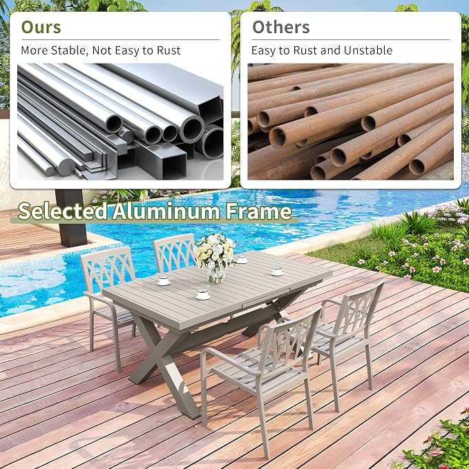 TWT Aluminum Outdoor Dining Table for 8, 62.8" - 82.5" Extendable Patio Dining Table with Umbrella Hole on Top with X-Shaped Frame Easy to Assemble for Backyard Garden Yard Porch Deck, Milk Coffee