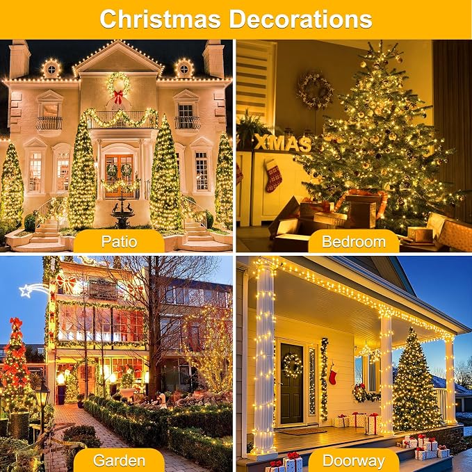 Extra Long 132FT Christmas Decorative Mini Lights, 400 LED Green Wire Fairy Starry String Lights Plug in, Timer & Memory & 8 Modes, for Indoor Outdoor Xmas Tree Wedding Party Decoration,Warm White
