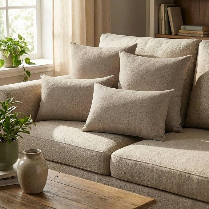 RSH DECOR: Sunbrella Lumbar & Square Pillows Set of 4 | 20" x 12" & 17" x 17" | Water & Fade-Resistant Performance Fabric | Outdoor Throw Pillows | Made in USA (Spectrum Mushroom Brown)
