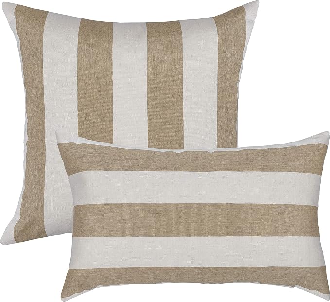 Austin Horn Classics Sunbrella Maxim Heather Beige Stripe Pillow Set, Decorative Pillows, Living Room Throw Pillow Sets, Washable Outdoor/Indoor Inserts (Set of 2, 20x20, Square & Boudoir)