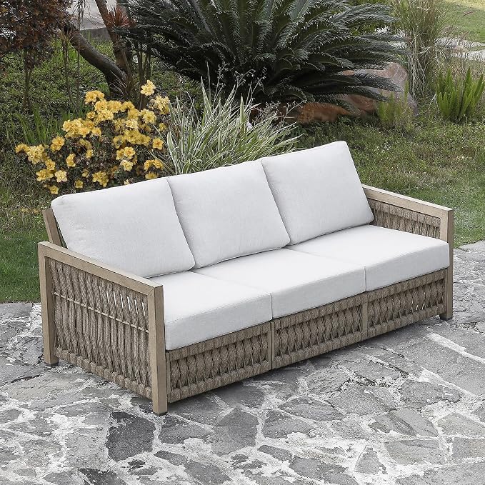 3-Seater Outdoor Sofa, All-Weather Aluminum Patio Sofa with Rope Weave & Widened Armrests, Deep Seating Cushions Patio 3-Seat Sofa for Garden, Deck, Porch, Balcony, Gray Oak