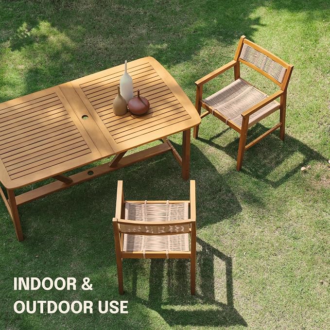 NTC Terra Set of 2 Solid Wood Armchairs with Handwoven Rope Seat & Back, Indoor & Outdoor Dining Chairs for Patio Dining Sets, Modern Patio Chairs with Arms, Easy Assembly, Natural