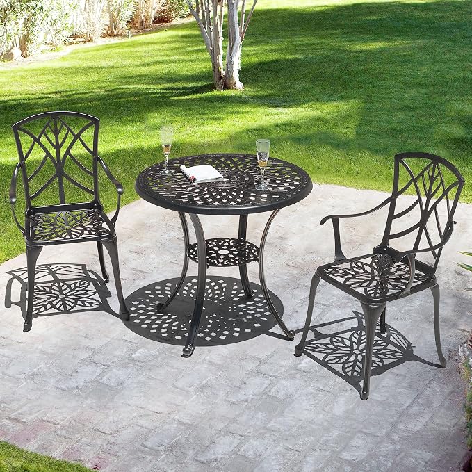NUU GARDEN 31 Inch Cast Aluminum Patio Bistro Table, Black | Features an umbrella hole, decorative tabletop pattern and durable cast aluminum construction for outdoor use