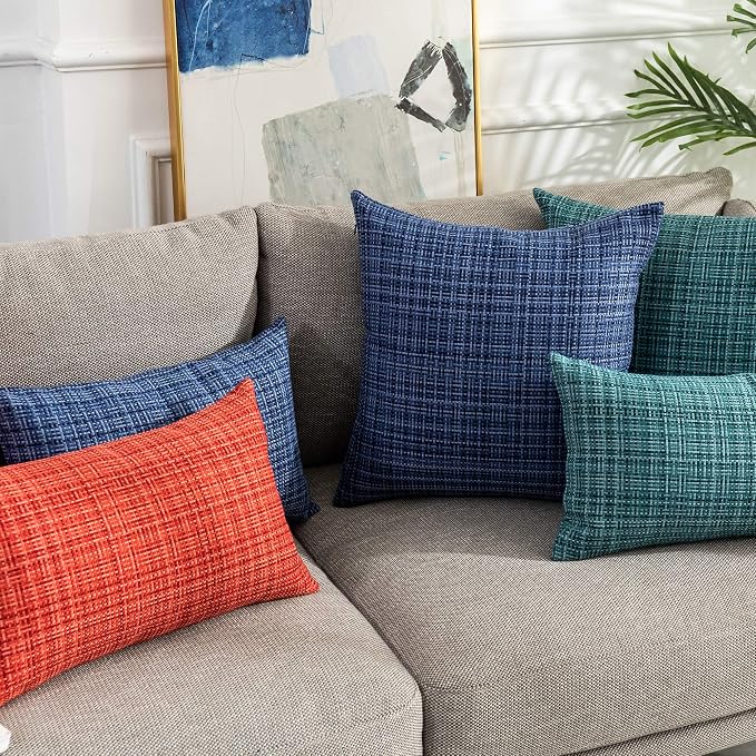 Kevin Textile Outdoor Waterproof 12"x20" Pillow Covers 2 Pack, Navy Blue | Water Resistant, Faux Linen Yarn-dyed, Woven Texture Throw Pillow Covers for Tent Patio Garden Couch Sofa