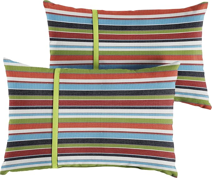 Sorra Home x Sunbrella - Indoor/Outdoor Lumbar Pillows (Set of 2), Multi Color Stripes & Green